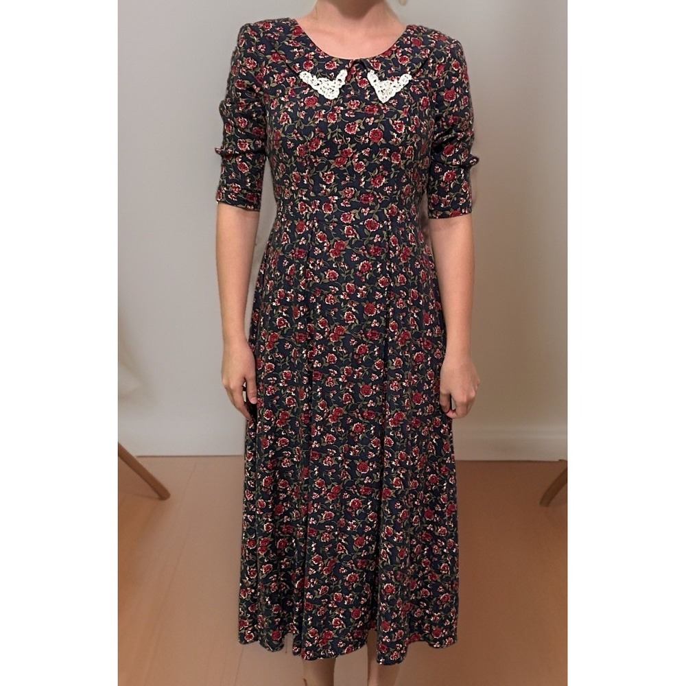 Sarah Richards Vintage 90s Floral Midi Dress Size 5 Blue Lace Butterfly Collar